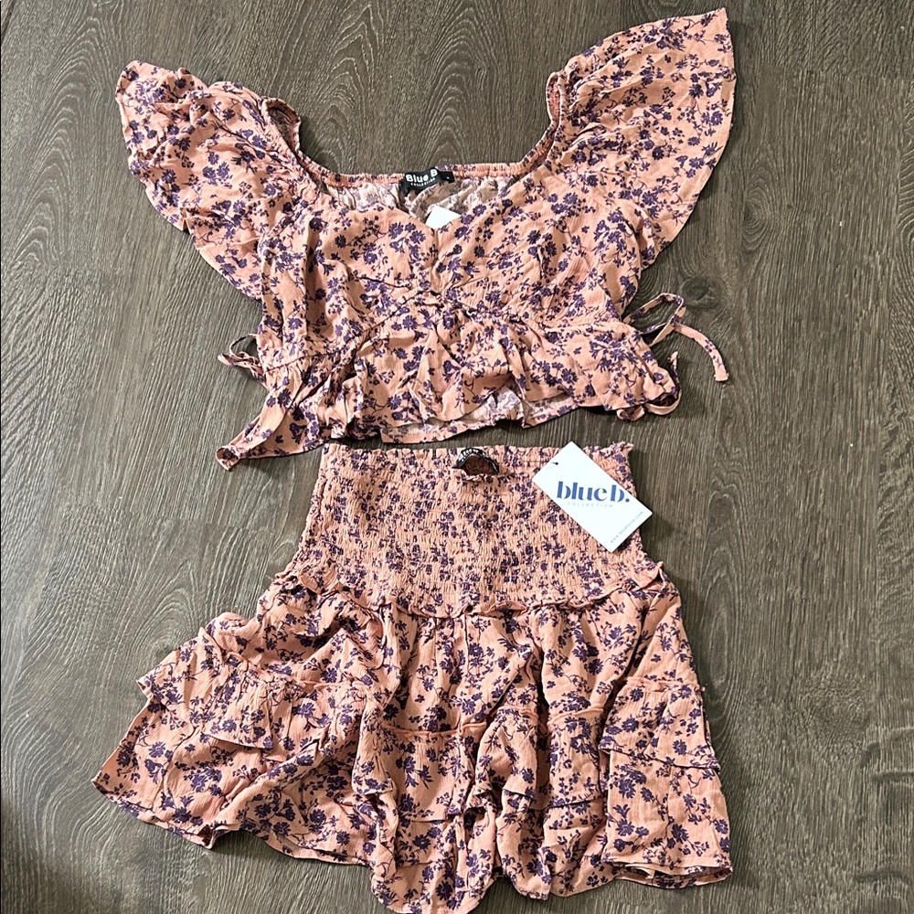Blue Blush Floral Crop Top and Skirt Set in Pink and Purple